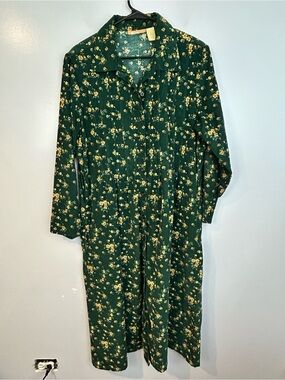 Vintage La Cera Green Floral Corduroy Button Down Cottagecore Midi Dress Large